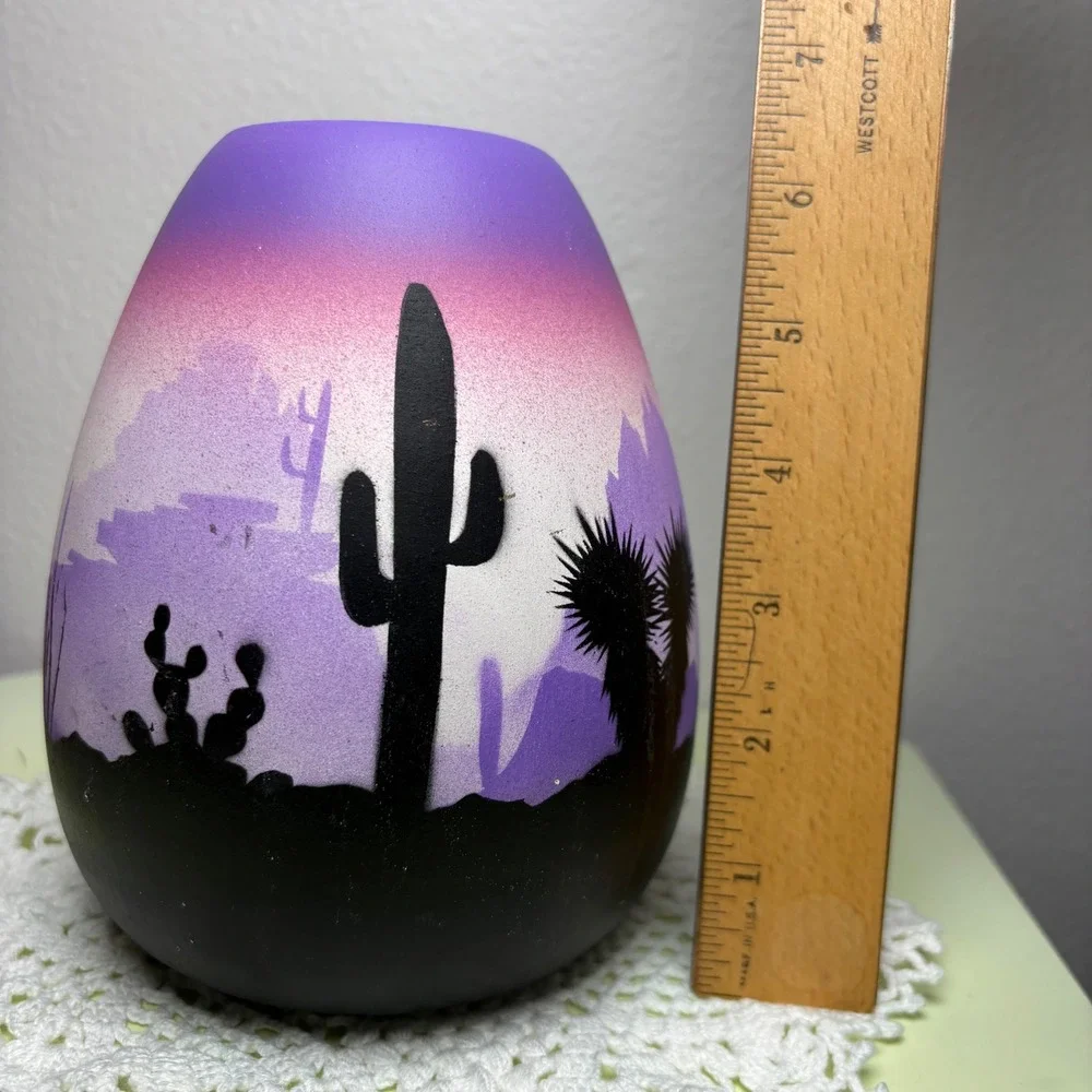 6in Purple Desert Cactus Vase Southwest Boho Hand Painted Pottery